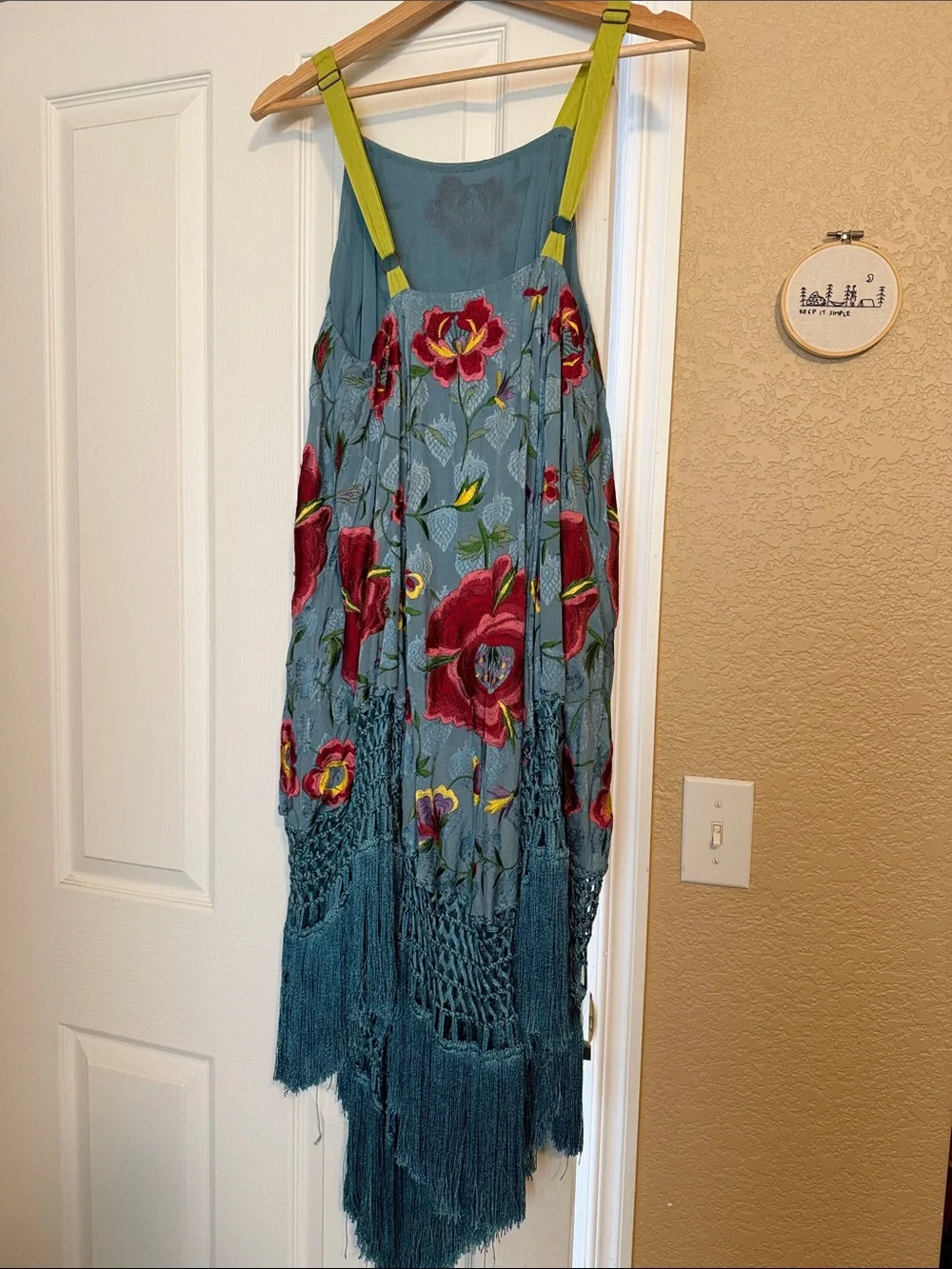 Free People Wonderer Trapeze Light Blue Embroidered Maxi Dress with Lime Straps - Picture 5 of 7